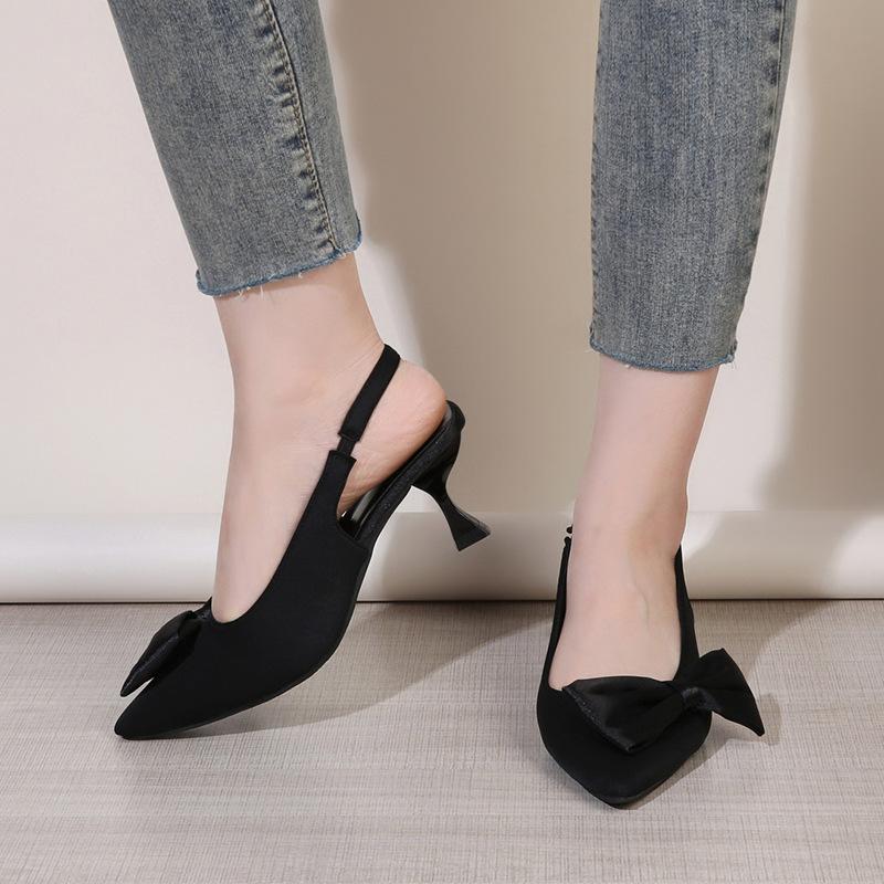 European and American Metal Foot High Heel Sandals for Women New Bow Decoration Pointed Toe Bag-toe Large-size High Heels