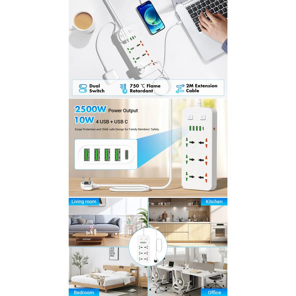 Power Strip Surge Protection Multi Socket 6 Outlets UK/US/EU Plug 1.8m Extension Cord with Type C 4USB Port Electrical Table Socket
