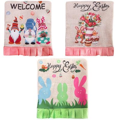 Rabbit Gnome Chair Back Cover Easter Holiday Party Ruffle Hem Chair Slipcover Washable Linen Furniture Protective Cover