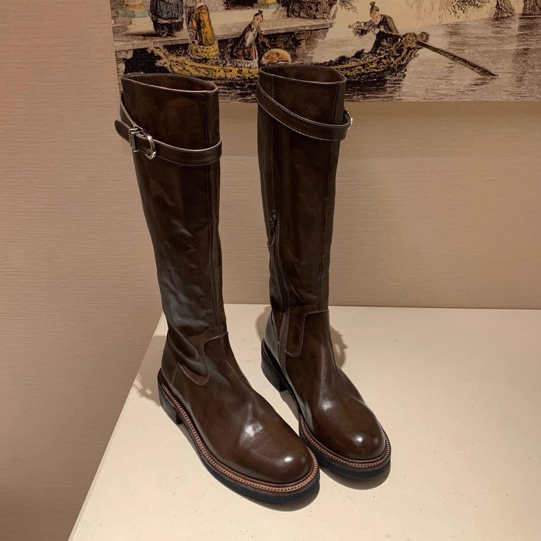 

Washed cowhide~ Su Yinyin genuine leather thick heel buckle high boots retro knight boots women s thin boots 40