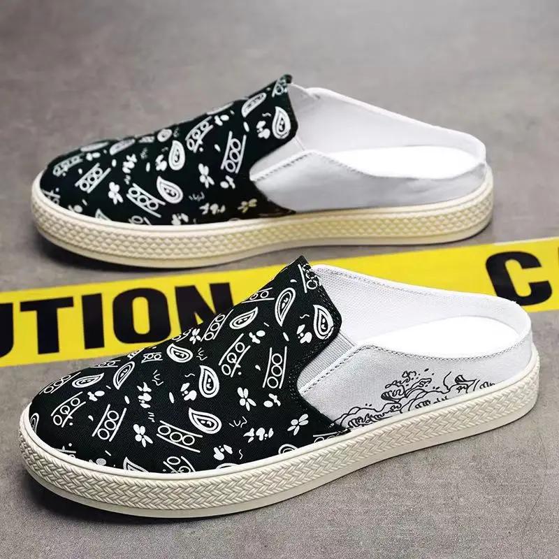 Mule Homme Été Nouvelles Chaussures Décontractées Demi-Mules Toile Respirante Semelle Souple Chaussure de Marche Légère Chaussures Vulcanisées