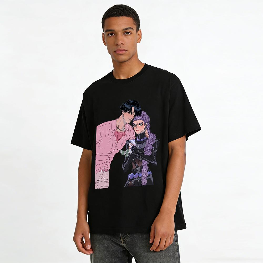 Trendy Anime Couple Print T-Shirts Unisex Loose Casual Short Sleeve Tops For Men And Women Pure Cotton T-shirt