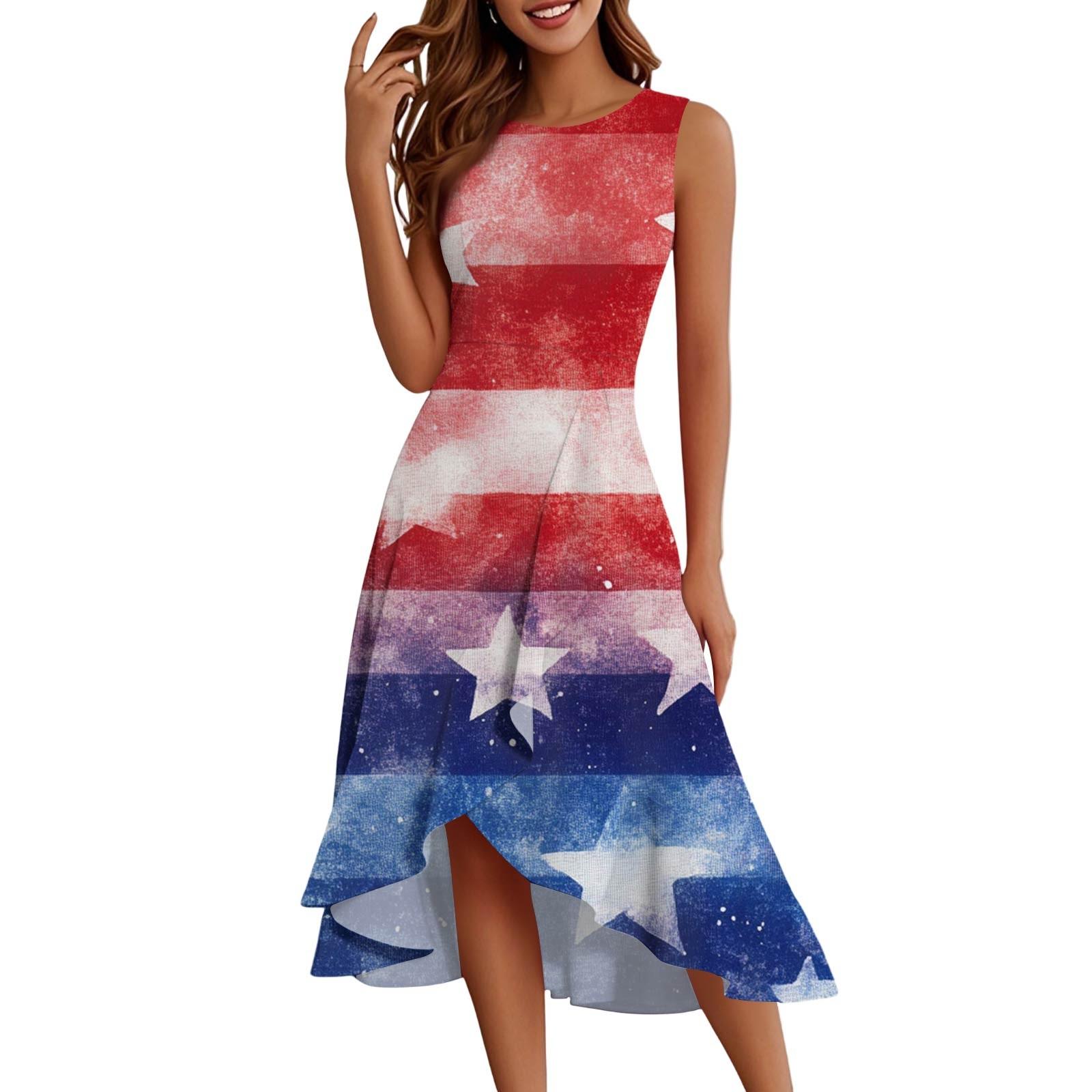 

Женская мода повседневная молния без рукавов круглый вырез День независимости элегантный темперамент оборки платья платья XL