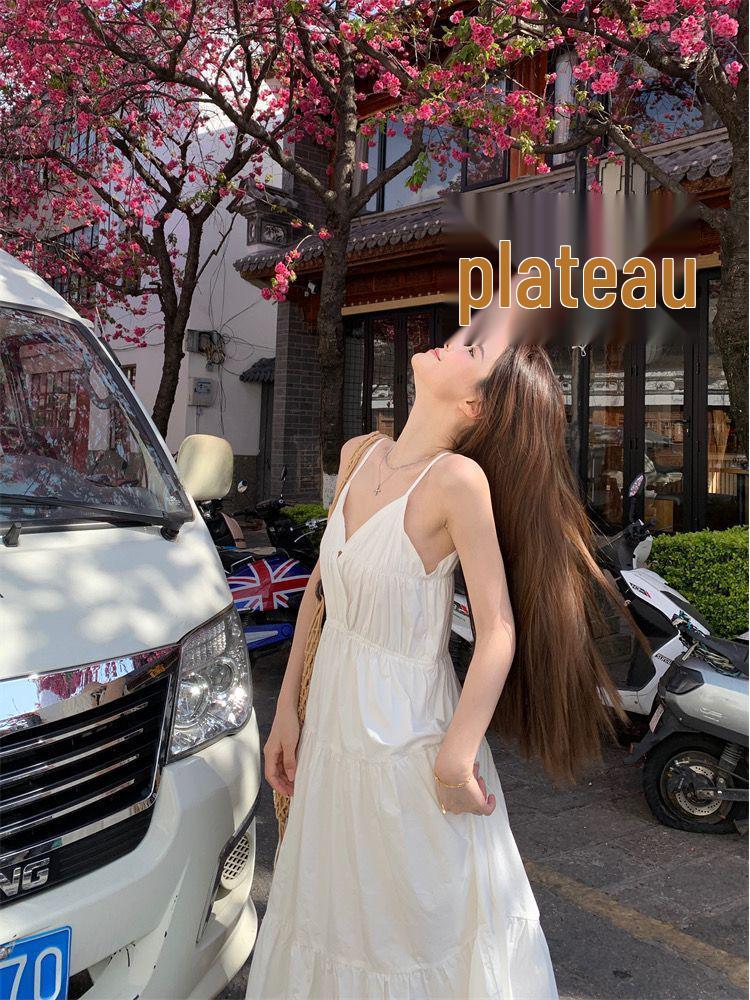 Elegant 2026 Summer White French Fairy Strappy Beach Dress - Women's Slimming Long Skirt