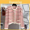 Striped Winter Knitted And Autumn Cardigan Womens Winter Single Row Metal Buckle Pocket Sweater Cardigans Short Sweater Jacket