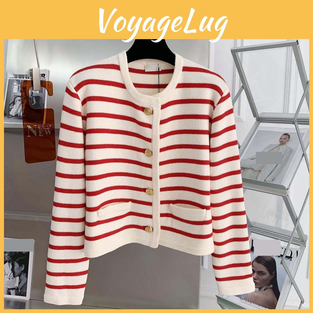 Striped Winter Knitted And Autumn Cardigan Womens Winter Single Row Metal Buckle Pocket Sweater Cardigans Short Sweater Jacket