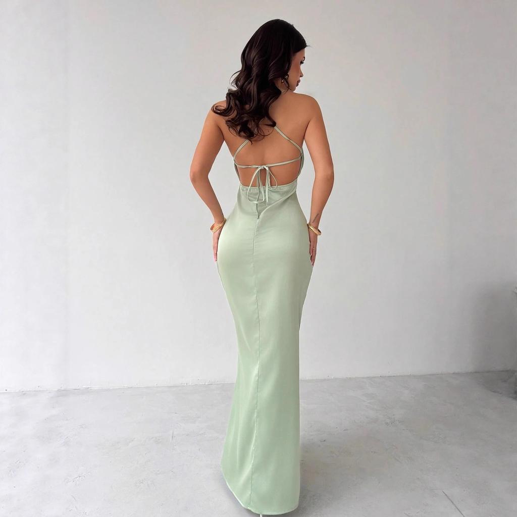 Women Summer Spaghetti Strap Bandage Backless Solid Color Evening Party Tight Package Hip Dress