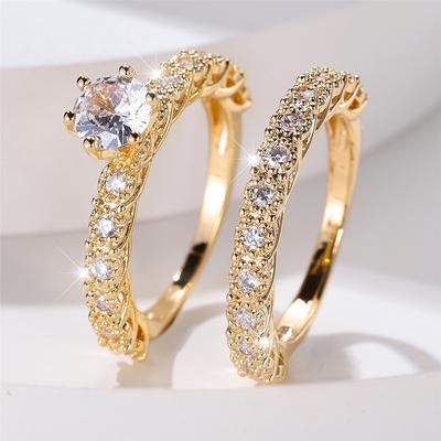 Kristall Damen Weiß Zirkon Runder Stein Ring Set Mode Vintage Goldfarbe Braut Hochzeit Verlobung Schmuck Für Frauen
