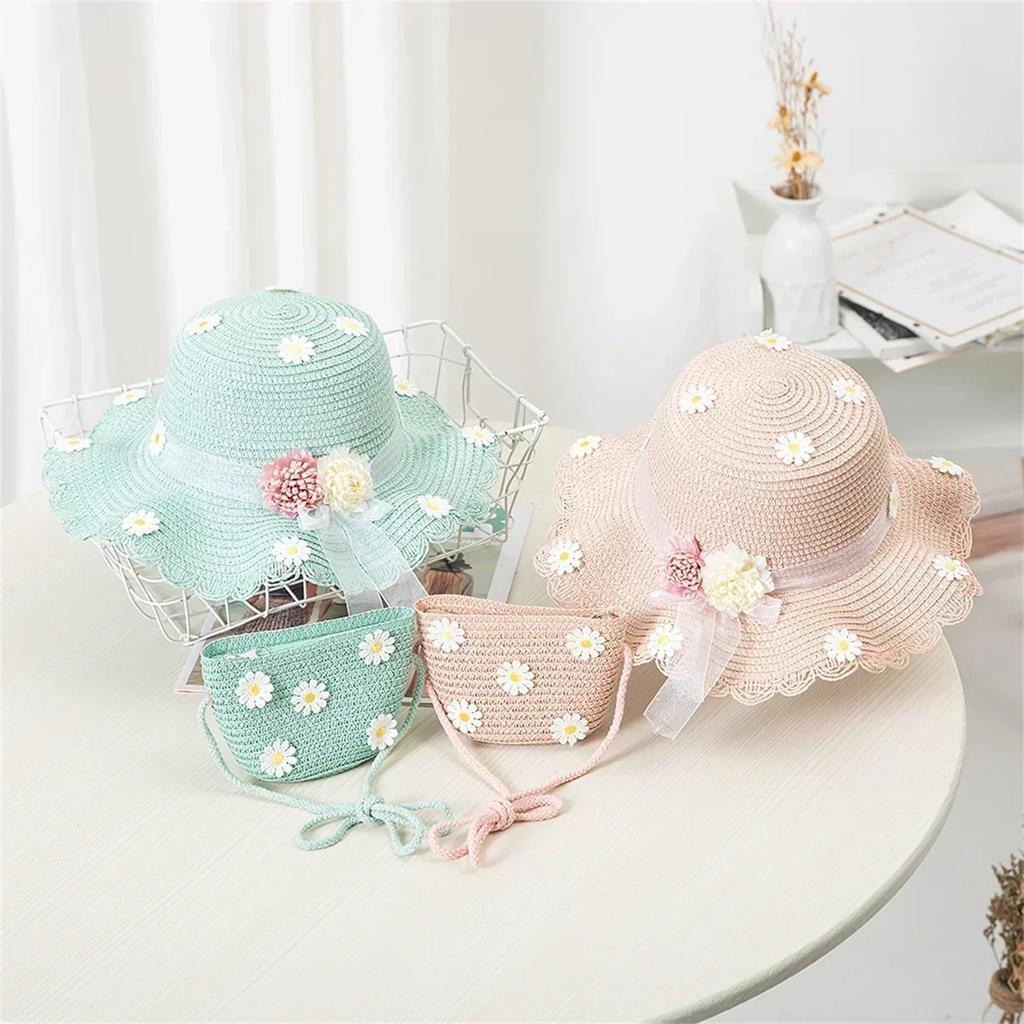 Girls' Straw Hat Bag Matching Travel Sun Hat Flower Children's Sun Hat Outdoor Fashion Fisherman Hat Sunscreen Hat Amagi