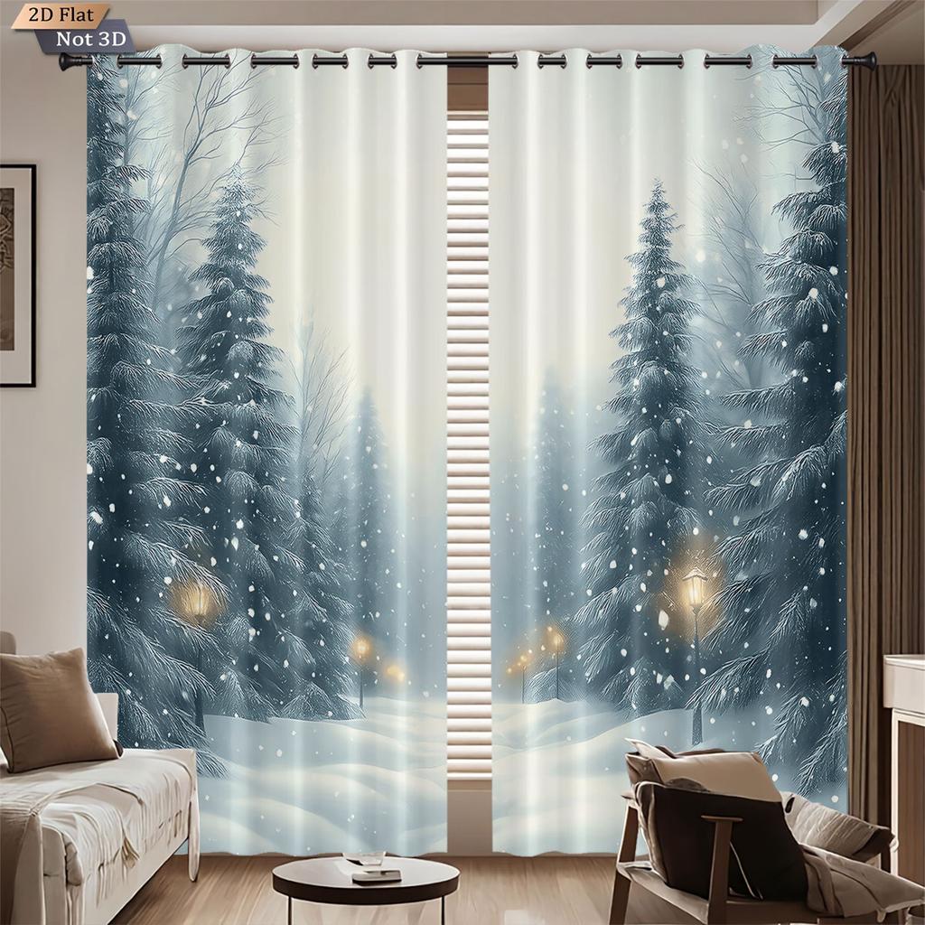 Set Of 2 Winter Christmas Snowy Forest Printed Shade Curtains Insulation Multi Size Living Room Holiday Decoration Curtain Polyester Machine Washable