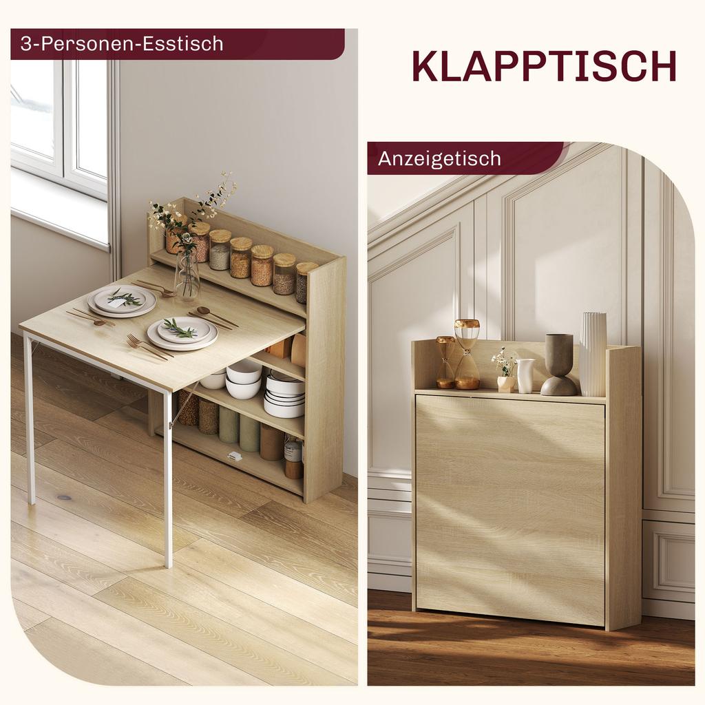 Folding dining table with cabinet, industrial design, space-saving, for small rooms, 78.5 x 91 x 93 cm, oak