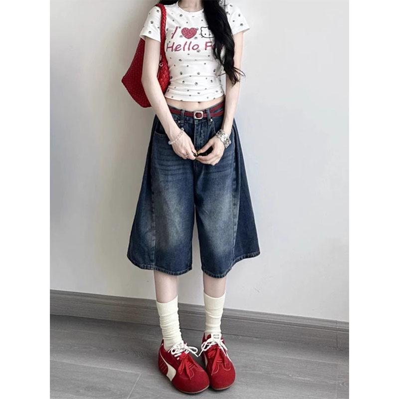 Damen High-Waist A-Linie Denim Capri-Shorts - Große Größen, Retro, Schlankmachend, Weiter Bein, Sommerkleidung