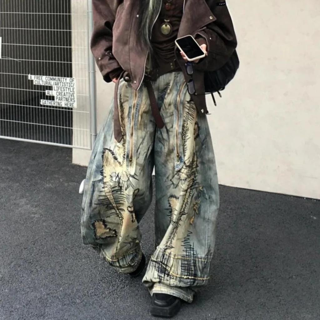 LUXEON American Street Destruction Style Embroidered Denim Pants Oversized Retro Wash Personality Fashion Loose Casual Wide Leg Jeans