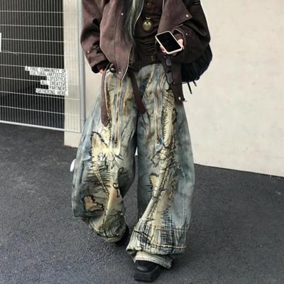 GLYDE Americký Street Destruction Styl Vyšívané Džínové Kalhoty Oversized Retro Praní Osobnost Móda Volné Ležérní Široké Nohavice Džíny