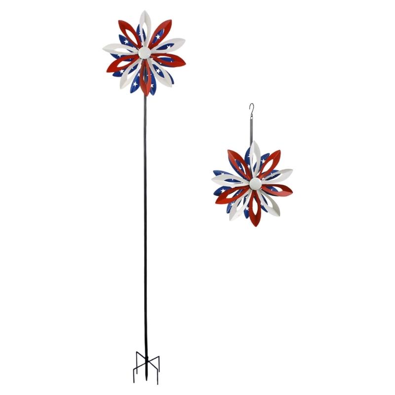 Metal Windmill Feature With Bright Red And Dark Blue Blades Great For Garden Landscape Lawn Yard And Deck Enhancement