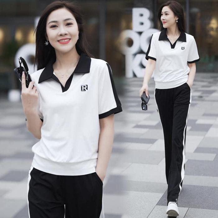 

Large Size Sports Suit Women s Summer Thin Style Young Women s Fashionable Short-sleeved Lapel Two-piece Set 4XL
