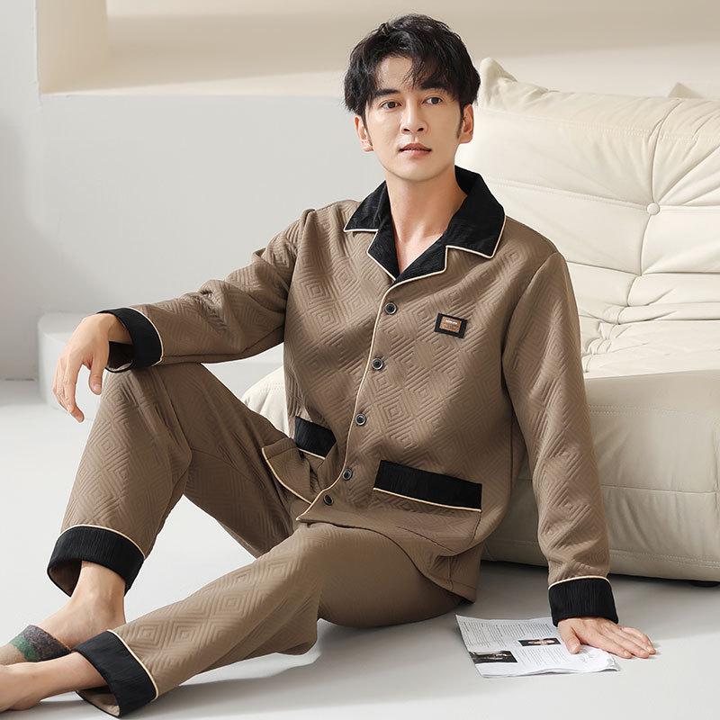 Pajamas Men'S Spring And Autumn Thickened Cotton Long Sleeve Autumn And Winter Air Cotton Padded Dad Winter Sandwich Homewear