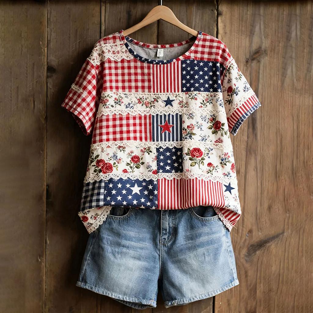 Women's American Floral Patchwork Print Casual T-Shirt 250Th Anniversary USA Shirt Patriotic Tshirt