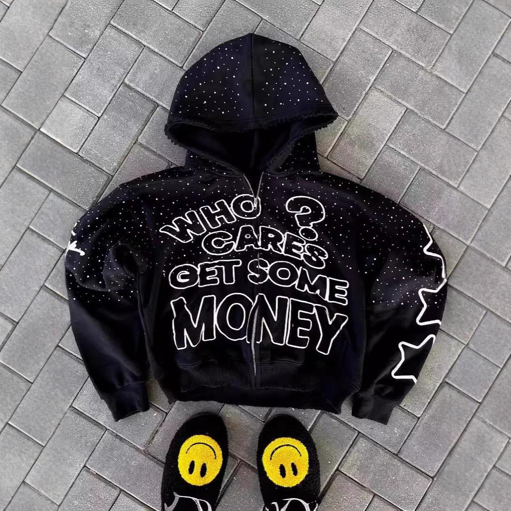 Y2K Trendy American Letter Pattern Loose Casual Hooded Zipper Retro Hoodie Fashionable Jacket