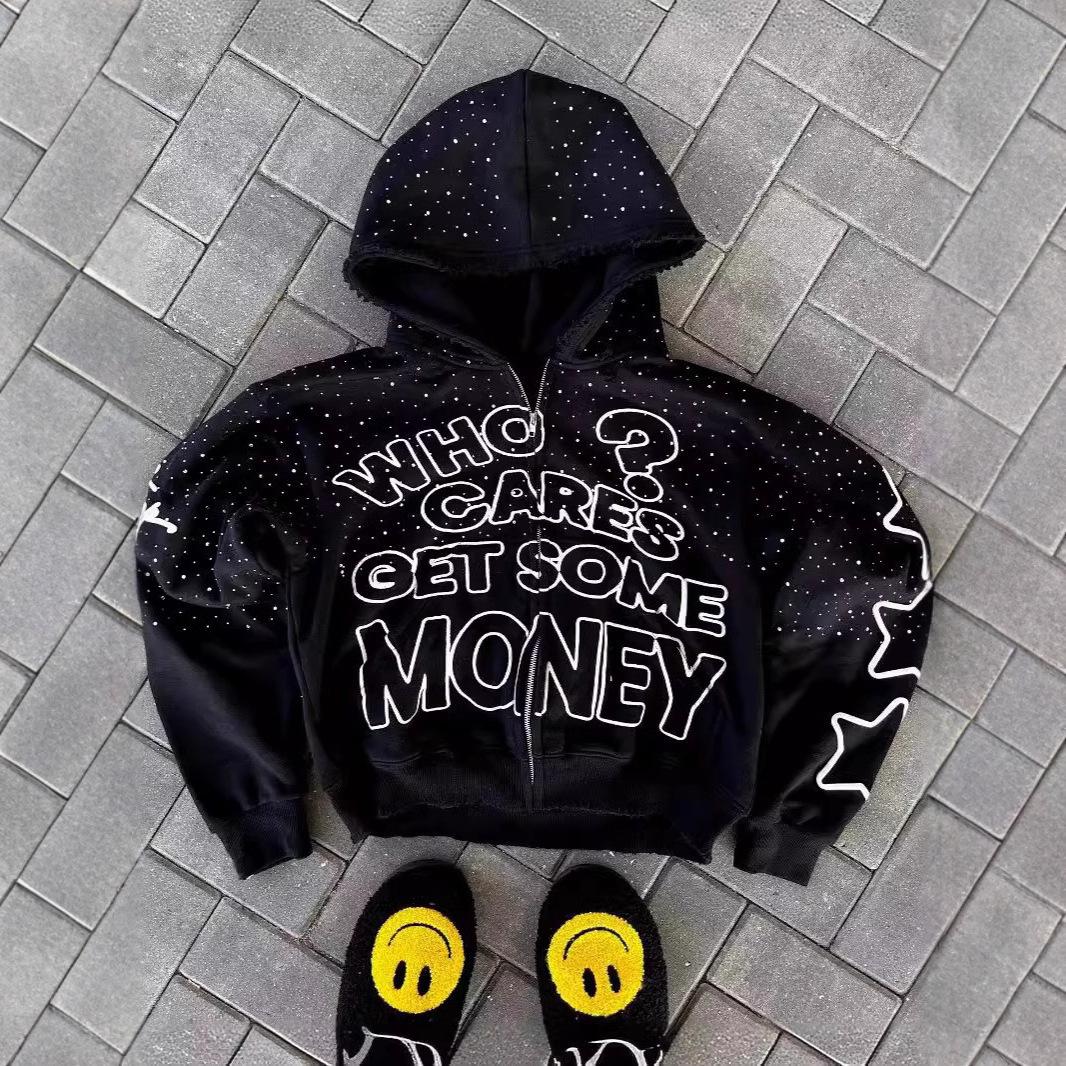 LUXEON Y2K Trendy American Letter Pattern Loose Casual Hooded Zipper Retro Hoodie Fashionable Jacket S чёрный