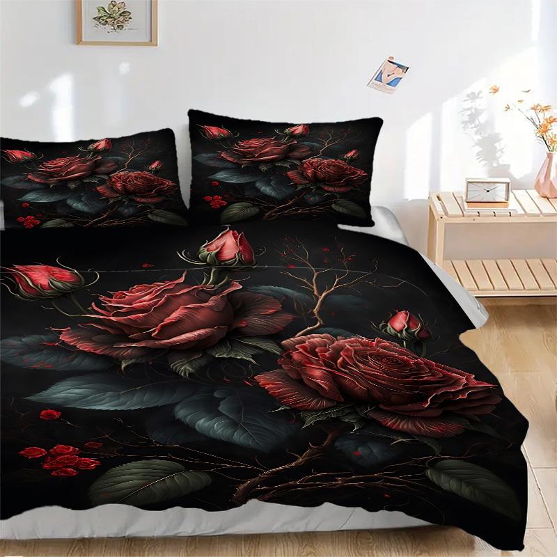 

3pcs Roses, Dark Floral Duvet Cover Set, Cover For Bedroom Guest Room (1 Duvet Cover + 2 Pillowcase, Without Quilt), yy250922226 135x200cm