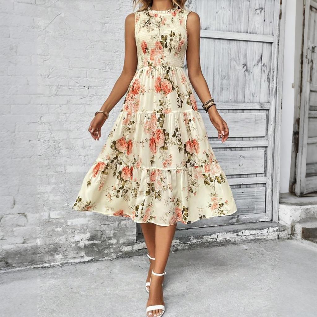 Women Sleeveless Crew Neck Ruched High Waist Floral Print Midi Dress Elegant Casual Loose Fit Sundress for Daily Wear