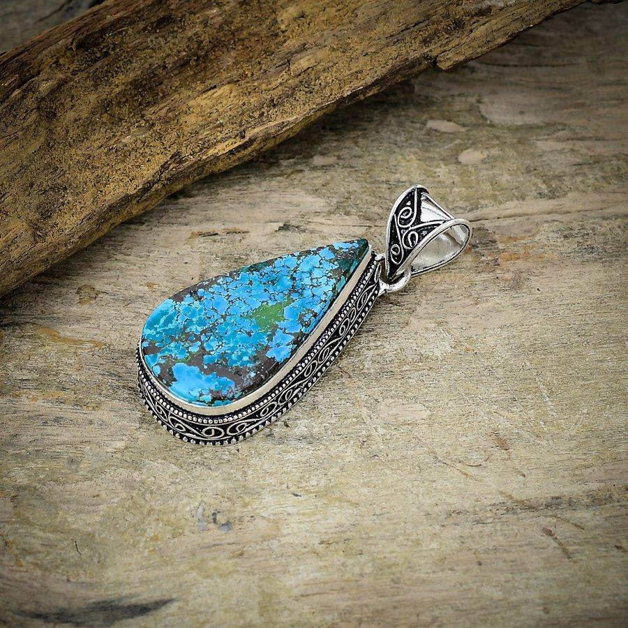 Tibetan Turquoise Gemstone 925 Sterling Silver Jewelry Pendant 2.17" M-37