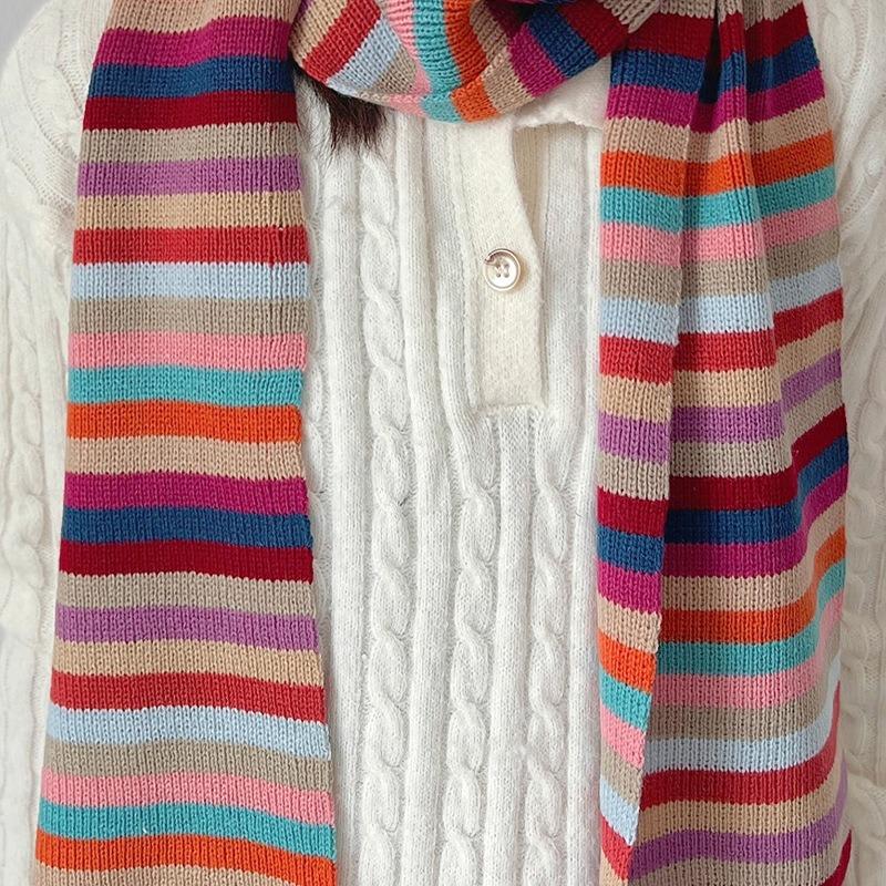 New High-end Scarf Women's Winter Wind Warm Knitted Scarf Colored Striped Knitted Scarf Scarf