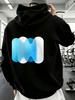 Casual Streetwear Style, Hoodie, Abstract Blue And White Geometric Letter M Graphic Print, Gym Fitness Workout Autumn Winter, Boyf
