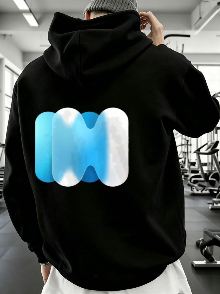 Casual Streetwear Style, Hoodie, Abstract Blue And White Geometric Letter M Graphic Print, Gym Fitness Workout Autumn Winter, Boyf