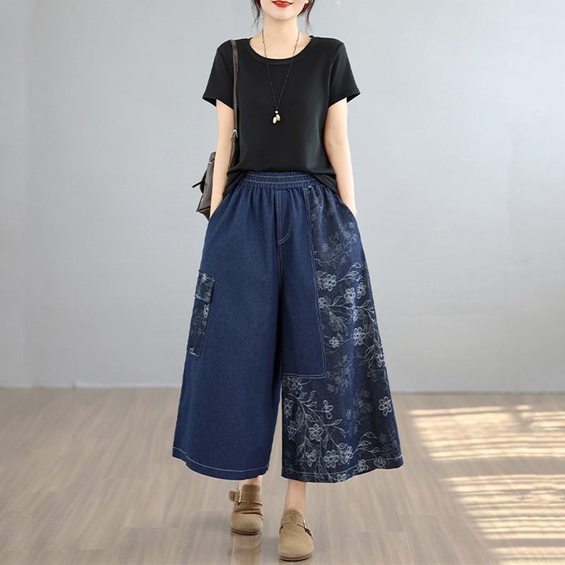 patchwork plus size Vintage floral high waist casual loose Women spring summer jeans denim wide leg Pants