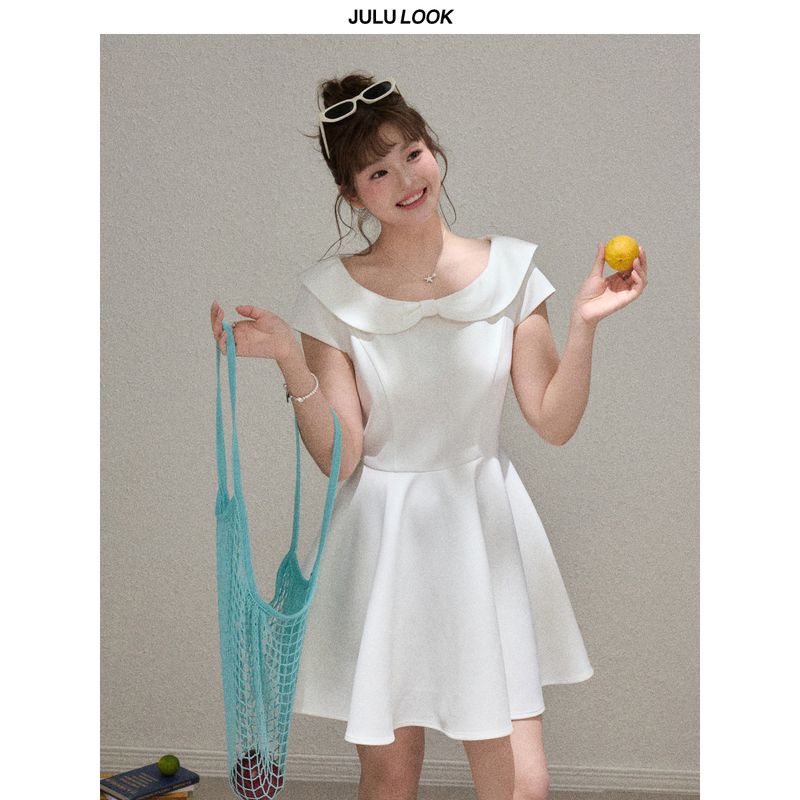 

Julu Studio Waltz of Love Plus-Size Doll Collar Bow Tie Waist-Cinching Short Dress Plus-Size Dress White S