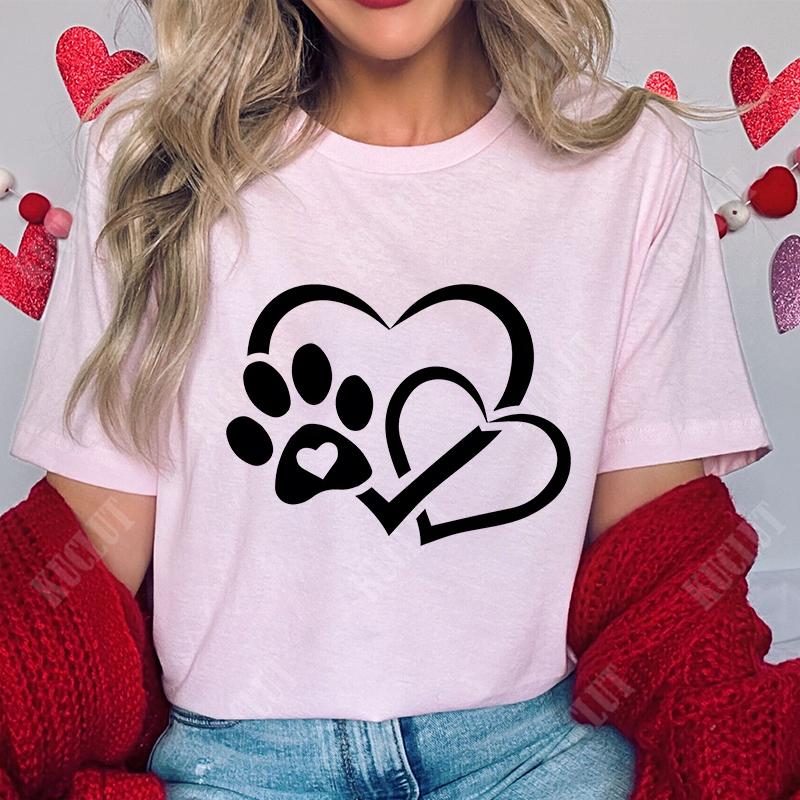 Funny Heart  Dog Paw Print Women Tshirts Fashion Summer Ladies Tshirts Short Sleeves Clothes Love Heart Fashion Casual Shirts