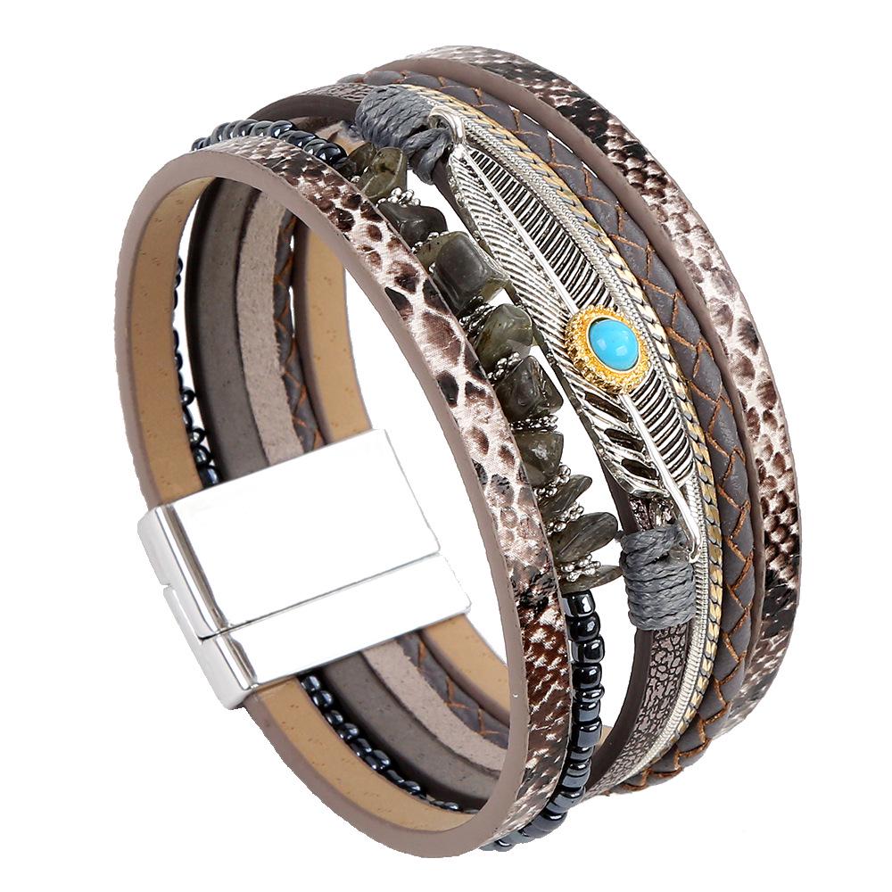 Korean Style Leather Bracelet with Feather & Turquoise for Women & Men