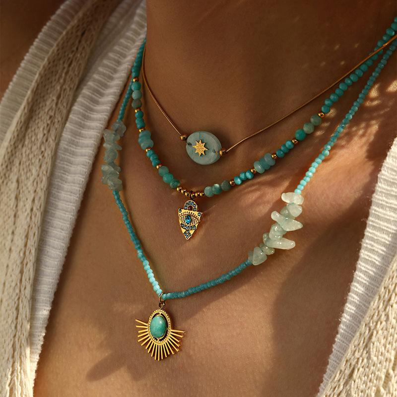 European and American embellished eyes natural stone titanium steel pendant necklace fashionable stacked collarbone chain gold-plated stainless steel