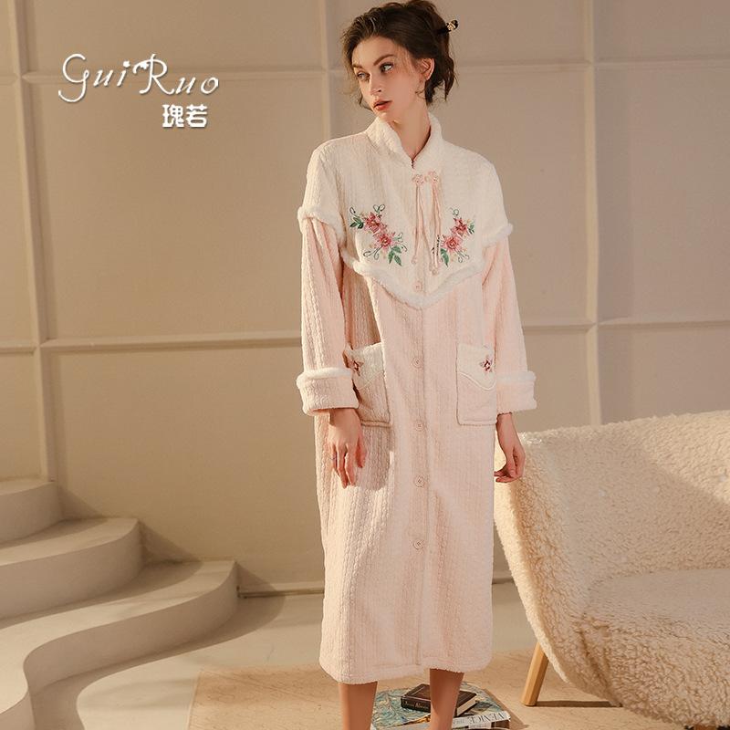 Women's Warm Velvet Stand Collar Frog Button Robe Pajama Set for Fall Winter
