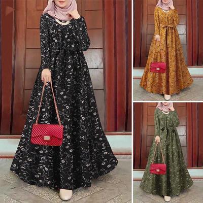 Vestido Muçulmano Longo Versátil Transfronteiriço com Mangas Longas Estampadas