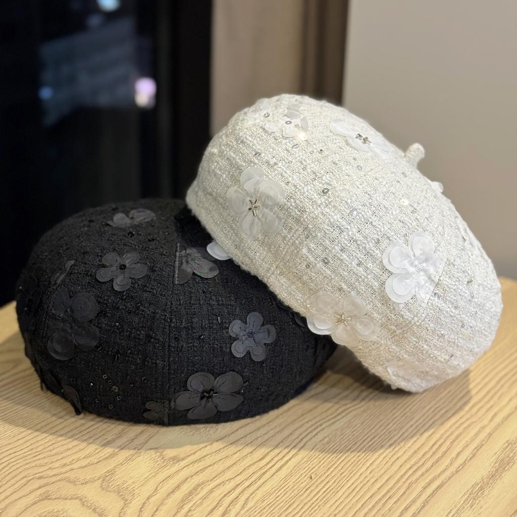 New Temperament Beret Ins Literary Style Small Fragrance Shopping Fashion Sequin Flower Face Small Octagonal Beret Hat