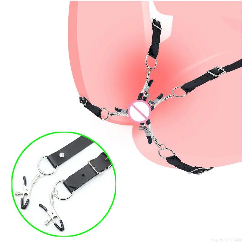 Labia Spreader Strap with Clamp Clip Onto Clitoris Spread Pussy Open Vagina Stimulator  Bondage Nipple Sucker Sex Toys Slave
