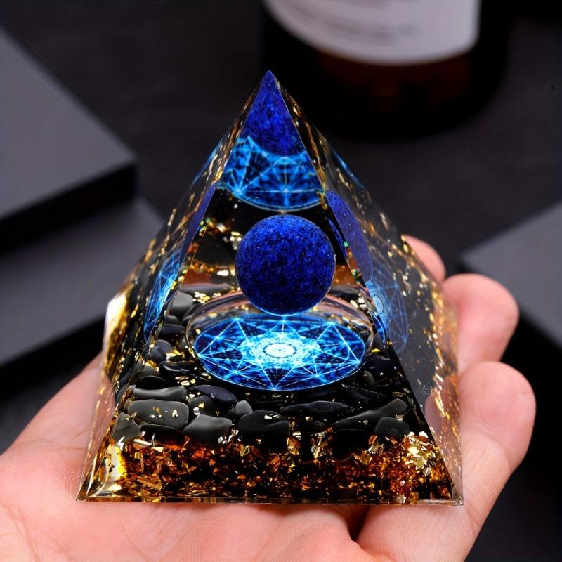 1pc Natural Stone Pyramid with Lapis Lazuli Sphere, DIY Home Balcony Living Room Decor, Stress Relief, Meditation Divination, Creative Gift