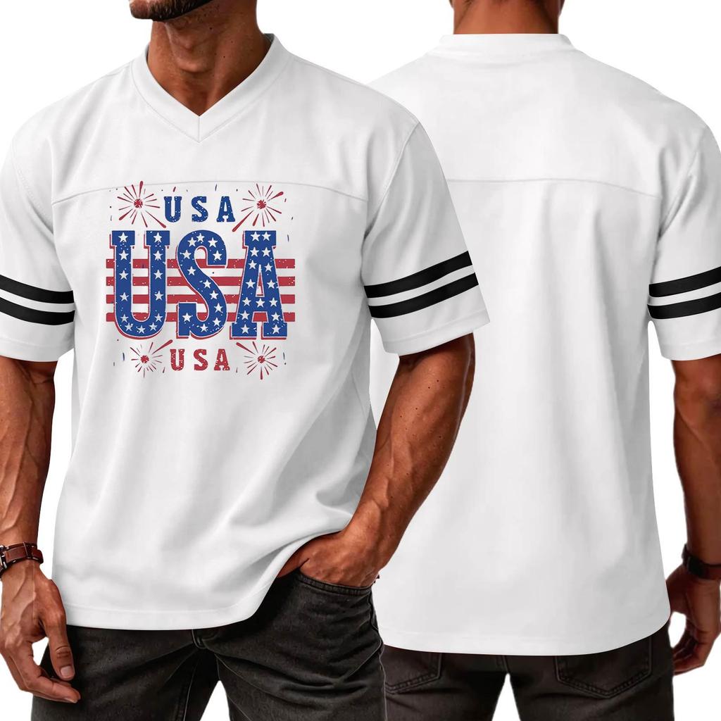 Men V Neck Casual Short Sleeve Sports T Shirt with USA Print Athletic Fit Comfortable Lightweight Top for Daily Wear