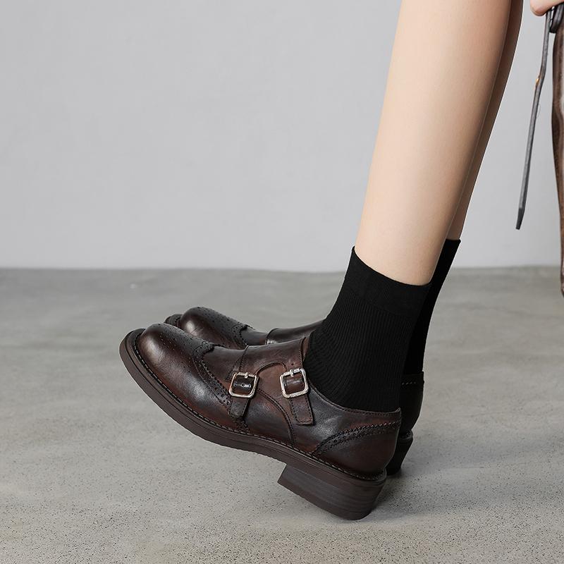 Fashion 2025 Autumn New Women's Shoes Genuine Leather Low-heel Casual Oxford Shoes Woman Block Buckle Loafers Vintage Footwear Pumps