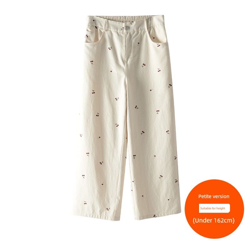 

Plus size women clothing [Three Pants Length Options] Cherry Print Wide Leg Casual Pants Summer High Waist Slimming Straight Trousers Meters apricot (under 162cm) 7xl