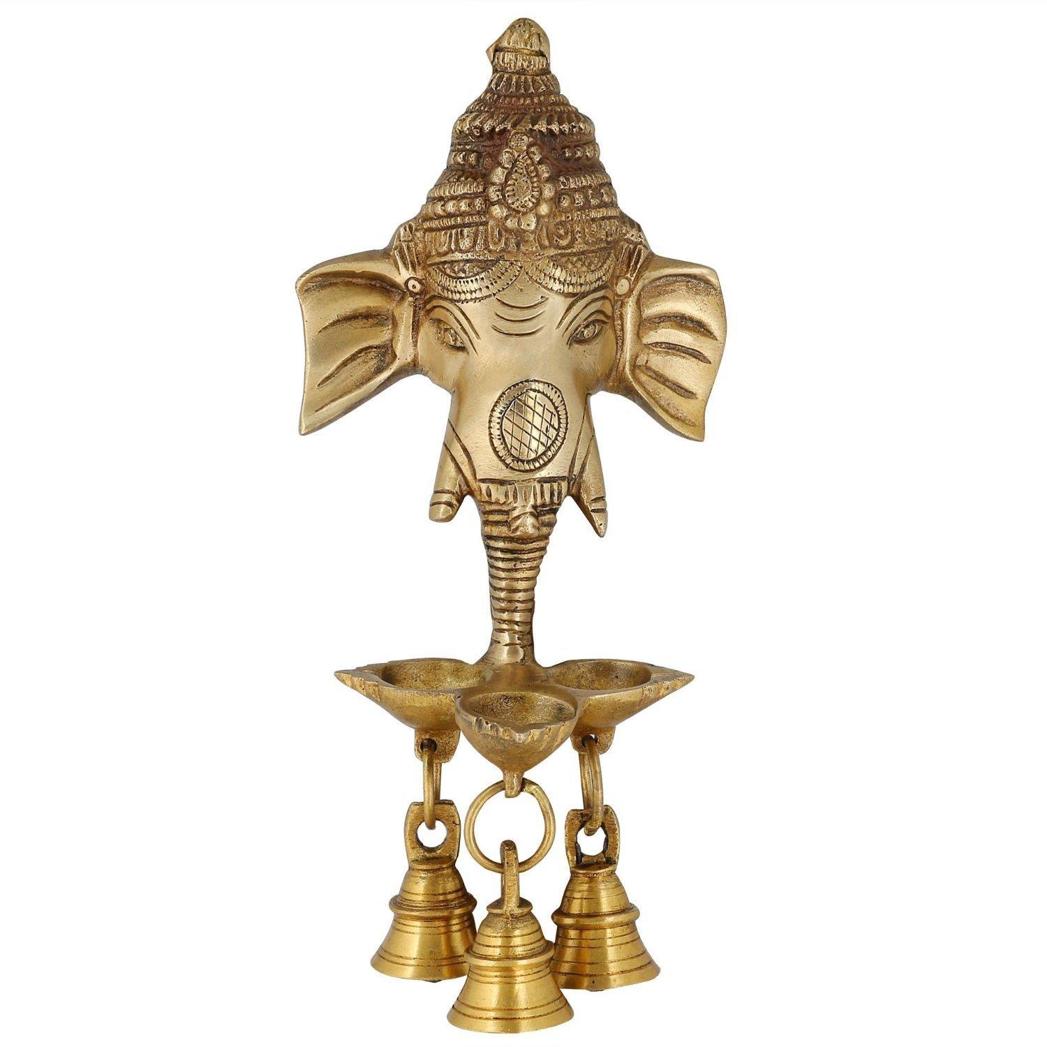 

Antique Look Brass Idol, Ganesh Wall Hanging With Diya & Bells - 9.5 Inch