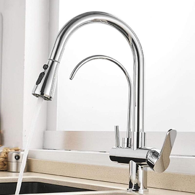 3-Way Faucet with Pull-Out Sprayer & Filtered Water Outlet, Stainless Steel Dual-Handle Kitchen Faucet, 360° Swivel – Drinking Water