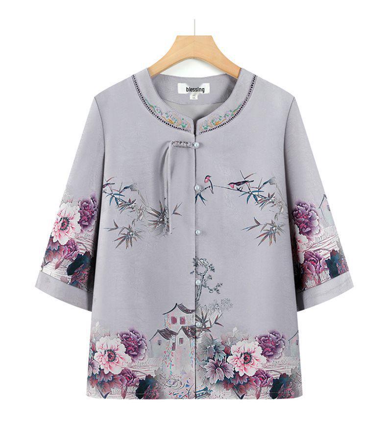Stylish Summer Set for Women: Chinese-Inspired Short-Sleeve Top and Pants for Middle-Aged and Elderly Ladies