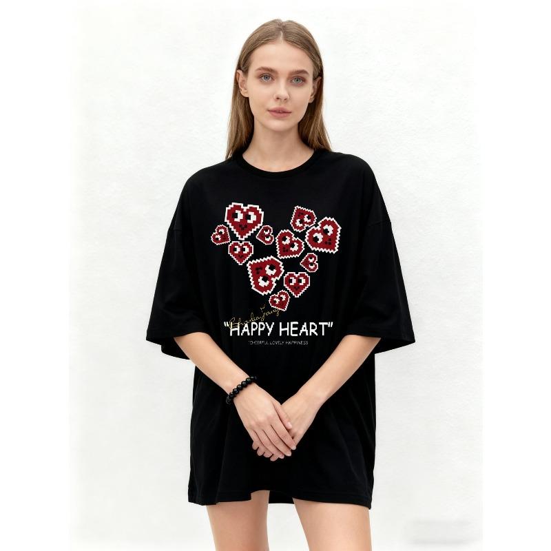 Oversized T Shirt Black Pixel Heart Pattern Happy Heart Text Print Casual Streetwear Fashion Women Summer Top