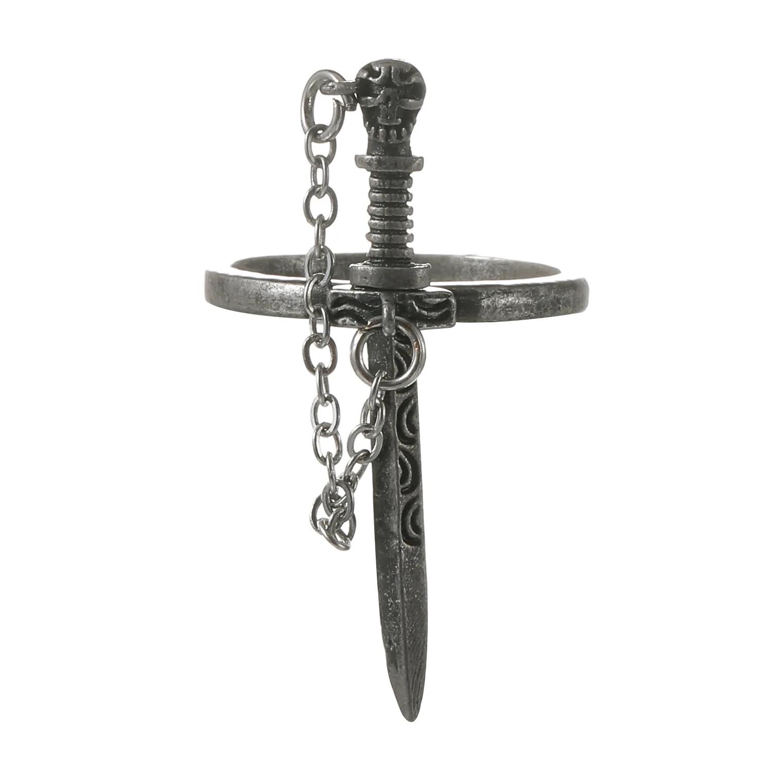 New Gothic Dark Cross Sword Ring with Chain Tassel Skull Pendant for Men and Women Party Accessories