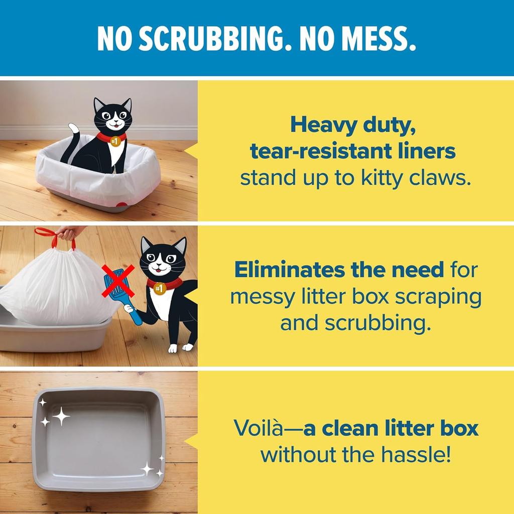 Litter Box Liners: Heavy Duty - Tear Leak Resistant - Drawstring Close - Jumbo 15 Count