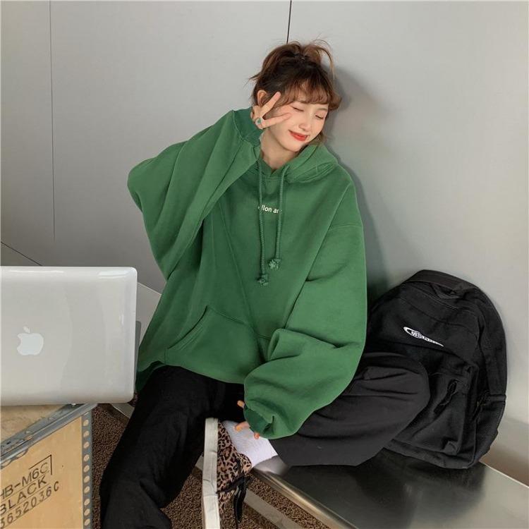 Autumn Winter Velvet Hooded Oversized Hoodie Women Loose Top Letter Print for Student Ladies